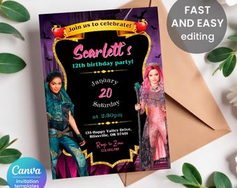 May include: Purple and gold birthday invitation with a black background. The invitation features a photo of two girls from the Disney movie Descendants. The text on the invitation reads "Join us to celebrate! Scarlett's 12th birthday party! January 20 Saturday at 2:30pm 135 Happy Valley Drive, Blissville, OR 97401 R.S.V.P. to Zona 123.456.788"