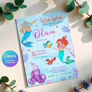 Invitation d'anniversaire de la princesse Ariel, modèle d'invitation modifiable pour fille, invitation imprimable de la petite sirène, fête sous la mer, téléchargement immédiat