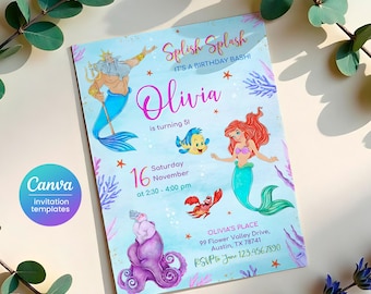 Princess Ariel birthday invitation, girl editable invite template, Little Mermaid printable invitation, Under Sea party, instant download