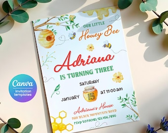 Printable First Bee Day birthday invitation, 1st Bee-Day party invite, editable Honey Bee party, Bumble Bee invite, One birthday invite girl