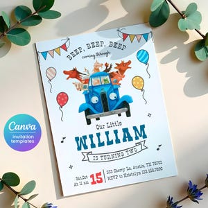 May include: A blue invitation card with a cartoon illustration of a blue truck with animals on top. The text on the card reads "BEEP, BEEP, BEEP coming through Our Little WILLIAM IS TURNING TWO Sat,Oct 15 At 11 am 333 Cherry Ln, Austin, TX 78702 RSVP to Kristalyn 123.456.7890".