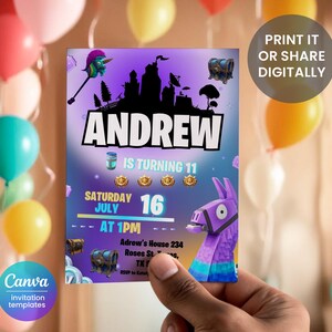 May include: Purple and blue Fortnite-themed birthday invitation with a llama, a castle silhouette, and the text "ANDREW IS TURNING 11" and "SATURDAY JULY 16 AT 1PM".