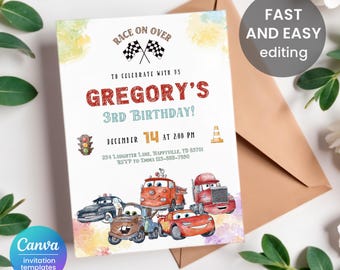 Cars invitation, Lightning Mcqueen invite, Printable Birthday Party Invitation, racing Birthday invitation template