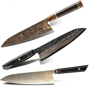 8-Inch DLC Black Blade Japanese Copper Damascus Chef Knife | VG10 Core | Premium Wooden & Resin Handle 3 Pack| Gift