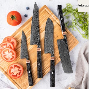 4-Piece Japanese Damascus Steel Kitchen Chef Knife Set | 67-Layer Kiritsuke, Santoku, Nariki & Bunka Knives | Resin, Carbon Fiber Handle