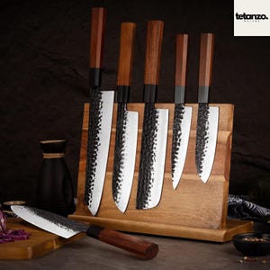 Hand-Forged Japanese Kitchen Knife Set – Chef, Santoku x 2, Nakiri, Kiritsuke, Utility Knives with Natural African Mkuruti Wood Handles