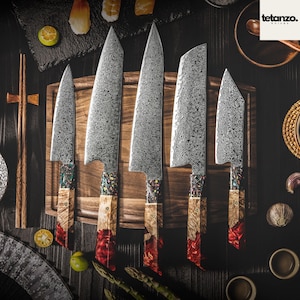 High-End Hand Forged Damascus Chef Knife Set | Japanese Chef, Nakiri, Bunka, Kiritsuke & Utility Knives with Red Resin, Solid Wood Handles