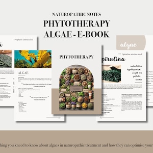 Puede incluir: Una portada de libro con el título "PHYTOTHERAPY ALGAE - E-BOOK" en texto marrón sobre un fondo beige. La portada del libro presenta una variedad de tipos de algas, incluyendo nori, espirulina y algas marinas.