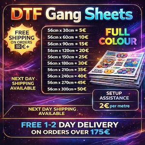 Pode incluir: Gráfico promocional para DTF Gang Sheets, apresentando uma lista de preços para vários tamanhos de folhas, de 56cm x 30cm a 56cm x 300cm. A imagem inclui o texto "FULL COLOUR" e uma pilha de folhas impressas.