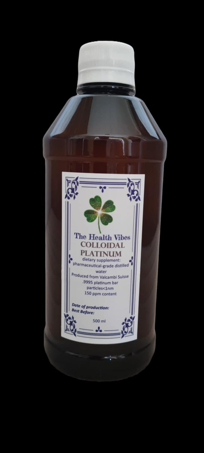 Puede incluir: Una botella marr&oacute;n con tapa blanca y una etiqueta con un tr&eacute;bol y texto. La etiqueta dice "The Health Vibes COLLOIDAL PLATINUM" y proporciona detalles del suplemento. La botella contiene 500 ml.