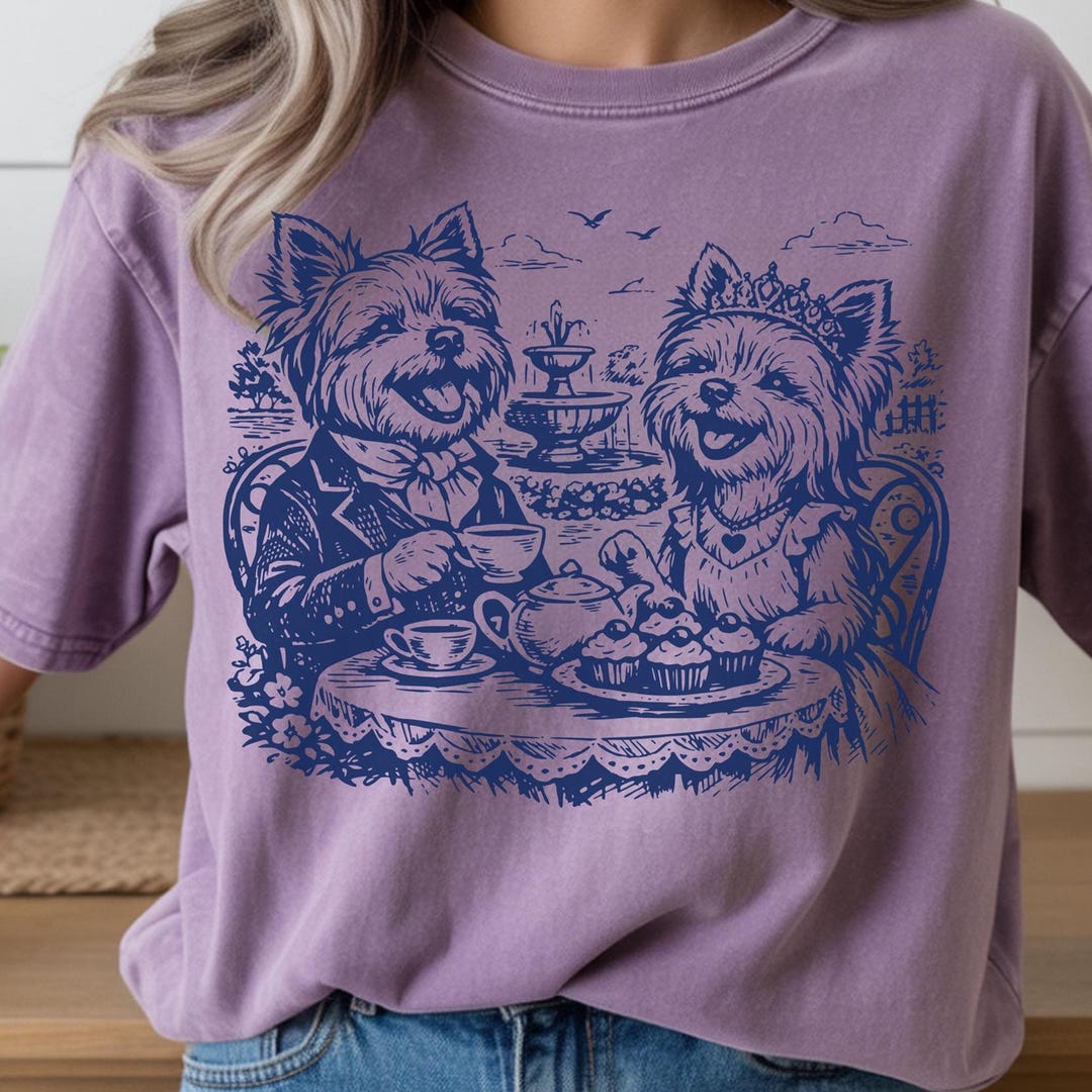 Yorkshire Terrier Tea Party T-shirt, Whimsical Vintage Dog Illustration ...