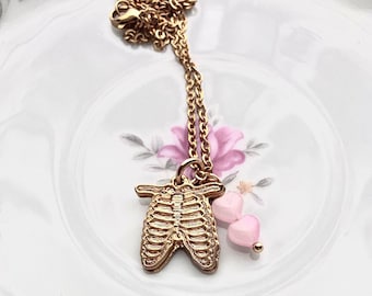 Gold Rib Cage Charm Necklace | Anatomical Pendant, Pink Beads