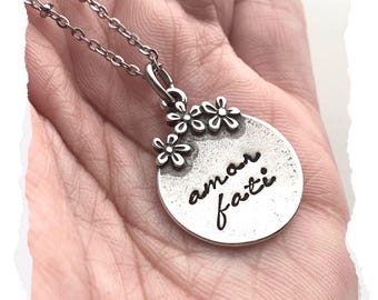 Amor Fati Necklace, Pewter Floral Pendant, Stainless Steel Chain