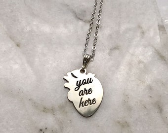 Frankenstein Human Heart Sterling Silver Necklace With Engraving with "YOU ARE HERE" or "you're my person" Anatomical Medical Graduation