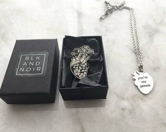 Human Heart Necklace With Engraving Anatomical anatomy BLKANDNOIR Sample Second Chance  *please read description before purchasing*