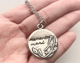Memento Vivere Pewter Necklace, Engraved Latin Quote