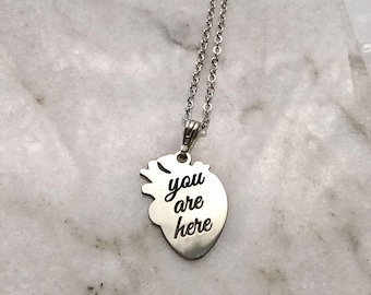 Human Heart Necklace Roses Engraving Frankenstein "YOU ARE HERE" or "you're my person" Medical School Graduation Gift - Sterling Silver .925