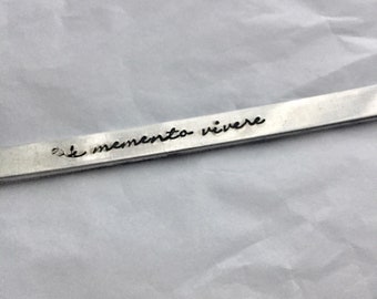 Memento Vivere Bracelet, Memento Mori, Word Quote Bangle , Stamped, Carpe Diem, Life Death SAMPLE "remember you must die" Silver  BLKANDNOIR
