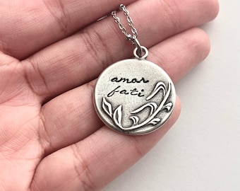 Amor Fati Necklace - Hand Engraved Pewter Pendant, Stainless Steel Chain