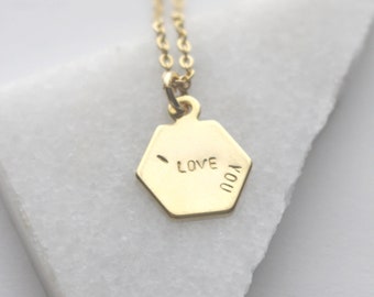 I Love You Gold Hexagon Necklace, Stamped Quote Charm