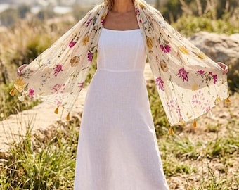 Floral Print Scarf with Tassels, Lightweight Summer Shawl for Women, Boho Flower Pattern Wrap, Elegant Gift for Her, Cotton Blend Beach Cove