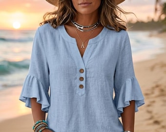 Boho Linen Look Tunic Top, V-Neck Flare Sleeve Blouse, Summer Cotton Blend Shirt, Casual Loose Fit Top for Women, Lightweight Vacation Appar