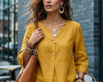 V-Neck Blouse for Women, Breathable Summer Top with Button Detail, Casual 3/4 Sleeve Shirt for Beach or Urban Wear
