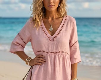 Blusa túnica bohemia para mujer, top peplum con escote en V y detalle de encaje calado, camisa de verano de mezcla de algodón, ropa informal de playa, regalo para ella.