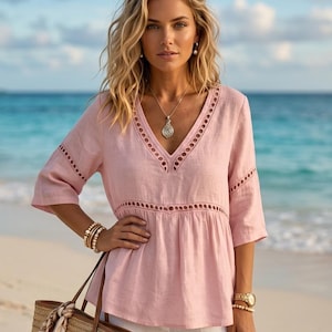 Boho Tunic Blouse for Women, V-Neck Peplum Top with Eyelet Lace Detail, Summer Cotton Blend Shirt, Casual Beachwear, Gift for Her