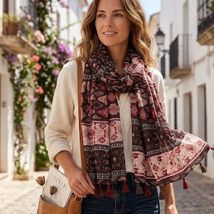 Bohemian Geometric Print Scarf with Tassels, Lightweight Ethnic Style Shawl, Soft All-Season Wrap for Women, Gift for Her, Hippie Chic Acces