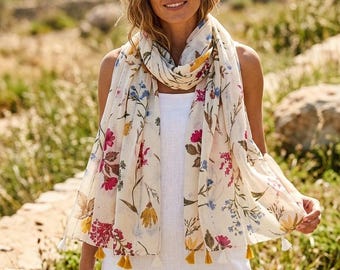 Écharpe à imprimé floral avec glands, châle d'été léger pour femme, écharpe à motif de fleurs bohèmes, cadeau élégant pour elle, mélange de coton Beach Cove