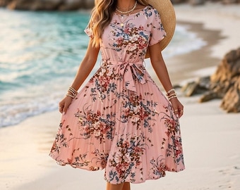 Abito midi plissettato con stampa floreale e cintura - Elegante prendisole estivo in stile boho da spiaggia