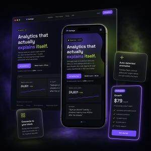 May include: A digital interface display featuring a smartphone and desktop screen showing the Vantage analytics platform. The dark-themed UI includes purple and green accents, text stating Analytics that actually explains itself, and pricing cards.