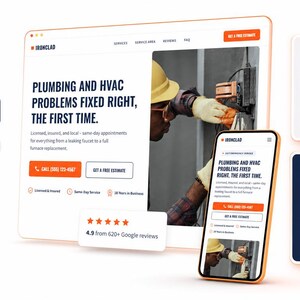 May include: A digital display of the Ironclad website and mobile interface featuring plumbing and HVAC services. The layout includes a 25-mile service radius icon, a 4.9-star review rating, and a customer testimonial about emergency pipe repair.