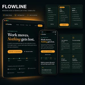 May include: A digital interface design for Flowline, a SaaS workflow template, displayed on a desktop monitor and smartphone. The dark-themed layout features orange buttons, white text, and pricing tiers for teams, showcasing project management features.