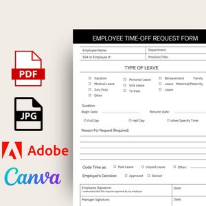 Employee Time Off Request Form, Canva Template, PDF Printable, Customizable Digital Download