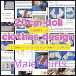 May include: A digital file showing instructions for doll clothes design, including clothes, trousers, and hats. The image features diagrams, text instructions, and measurements in centimetres. The words "20cm doll clothes design" are displayed prominently.