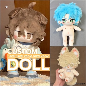 May include: Three custom dolls are shown. One doll has brown hair and a light blue shirt. Another doll has blue hair and a neutral body. The third doll has tan fur and a fox-like appearance. The text "CUSTOM DOLL" is displayed.