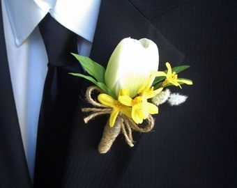 Tulip boutonniere artificial real to the touch, silk forsythia and pussy willow, spring flowers for wedding, prom