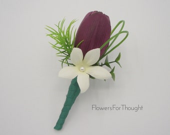 Tulip Boutonniere Artificial Flowers, Plum Purple, Stephanotis, Groomsmen Spring Wedding Flowers