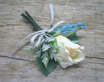 Blush Pink Rose Boutonniere: Blue Berries, Sage Green Foliage Lapel Pin