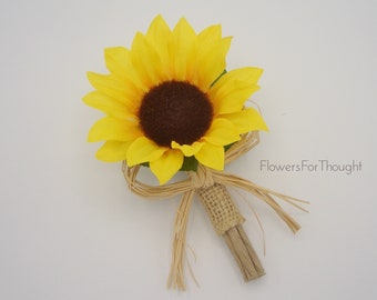 Sunflower Wedding Boutonniere, Silk Flower, Rustic, Buttonhole Flower with Burlap, 1 Lapel Pin