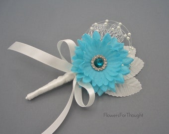 Gerber Daisy Boutonniere, Silk Flower Groomsmen Aqua Wedding Lapel Flower