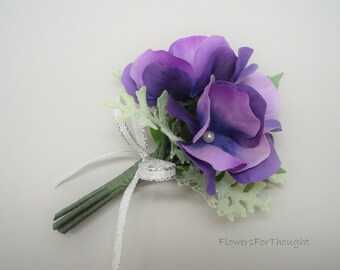 Purple Hydrangea Silk Flower Boutonniere, Groom Groomsmen Lapel Pin, Wedding Florals