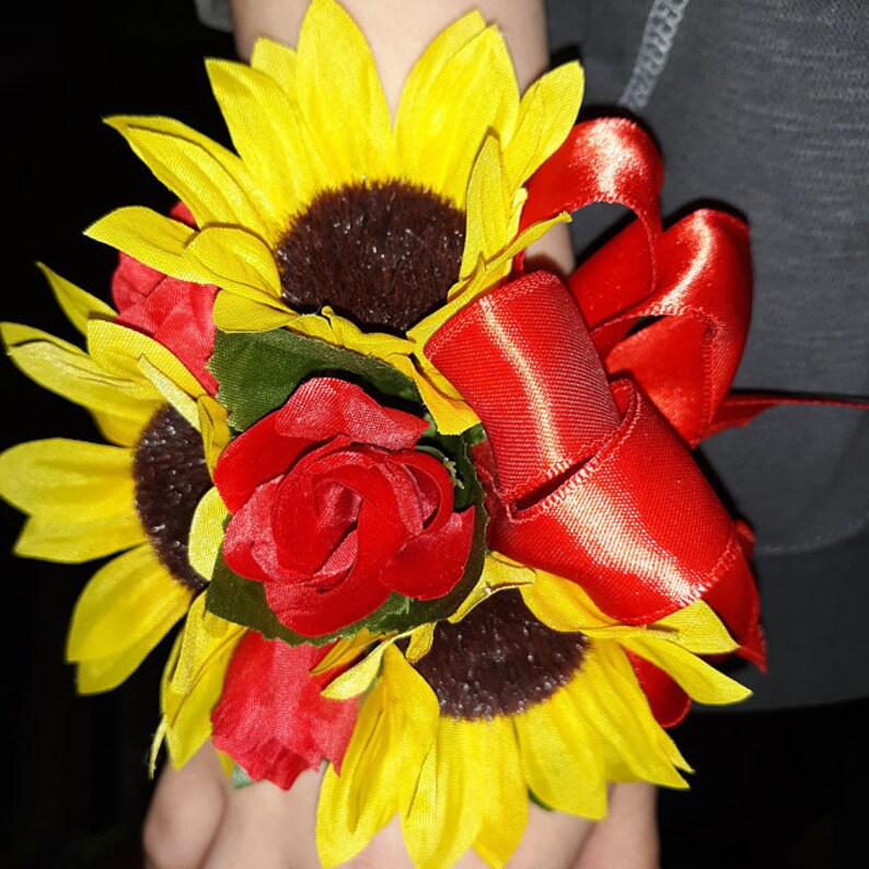 Sunflower Corsage with Red Roses Wedding Anniversary Prom Etsy