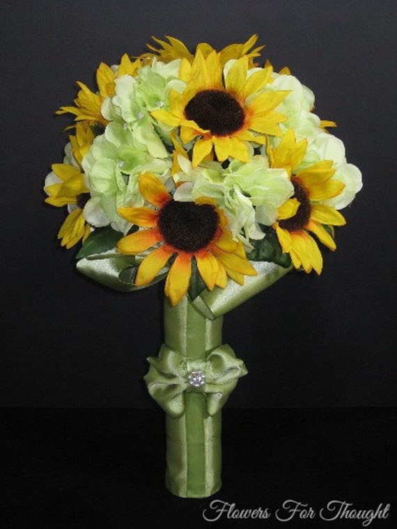 Sunflower Wedding Bouquet With Green Hydrangea Fall Woodland Etsy