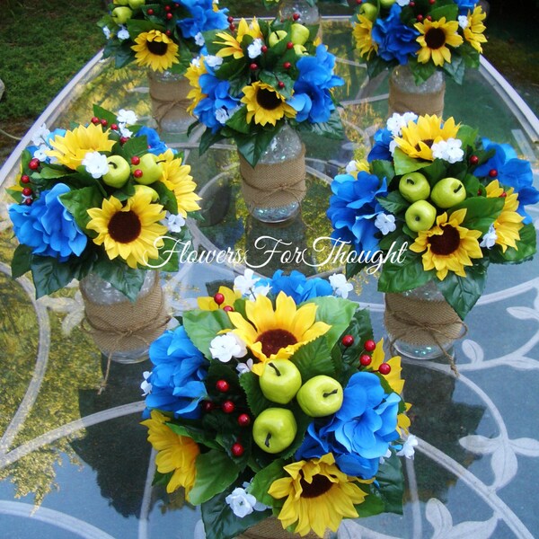 Rustic Sunflower Table Arrangement in Mason Jar, Blue and Yellow Wedding Decoration, 1 Reception Flower Centerpiece