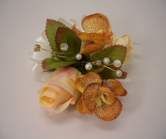 peach pastel orange satin roses and ribbon bow for weddings,proms,anniversary 7 handmade corsage etc.