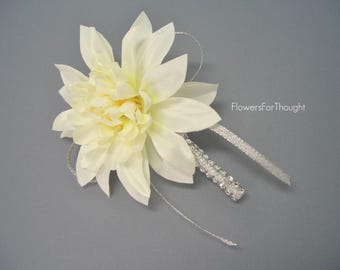 Dahlia Boutonniere, Creamy White, Silk Wedding Flower, Lapel Pin, Groomsmen Buttonhole Bloom