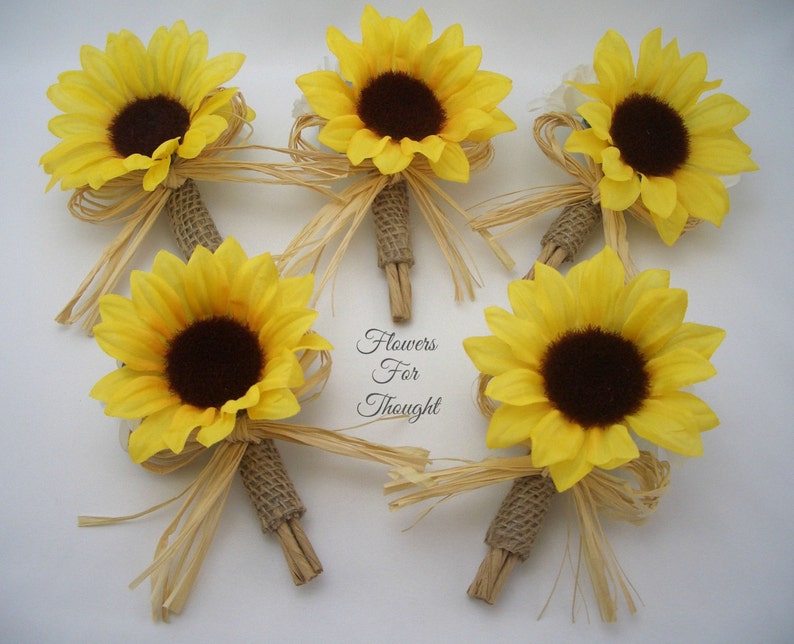 Rustic Sunflower Burlap Boutonniere with Straw Bow 1 Lapel Pin made to order Groomsmen Wedding Flowers